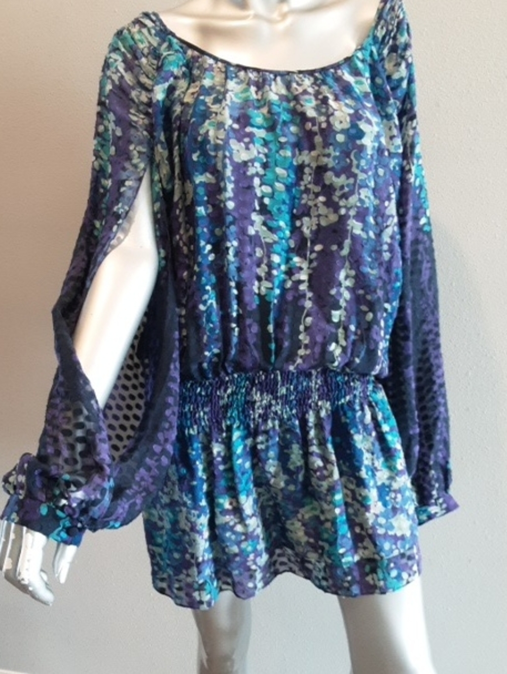 BCBGMaxAzria Smocked Waist Tiered Mini-L-Festival Party  Fairy Watercolor Blues